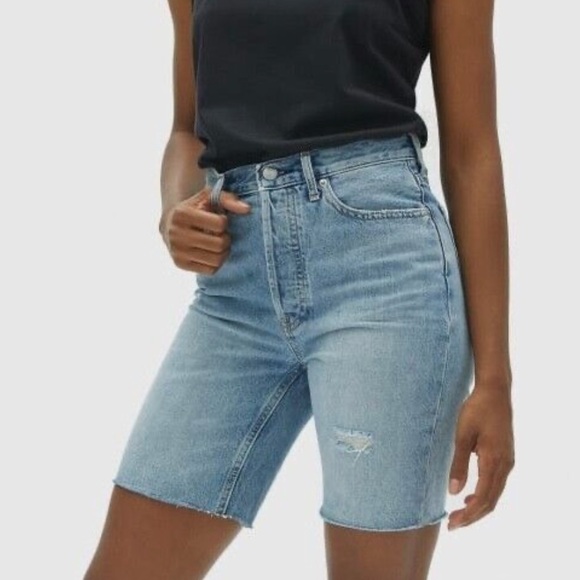 Everlane Pants - Everlane the cheeky long short 27 high rise distressed raw hem denim shorts